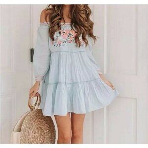 FREE PEOPLE Sunbeams Mini Dress Light Blue Smocked Embroidered Small Boho Dainty